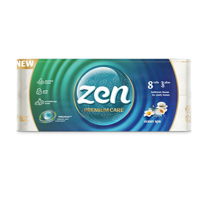 Туалетний папір Zen Premium Ocean SPA, 3-шаровий, 145 відривів, 8 рулонів